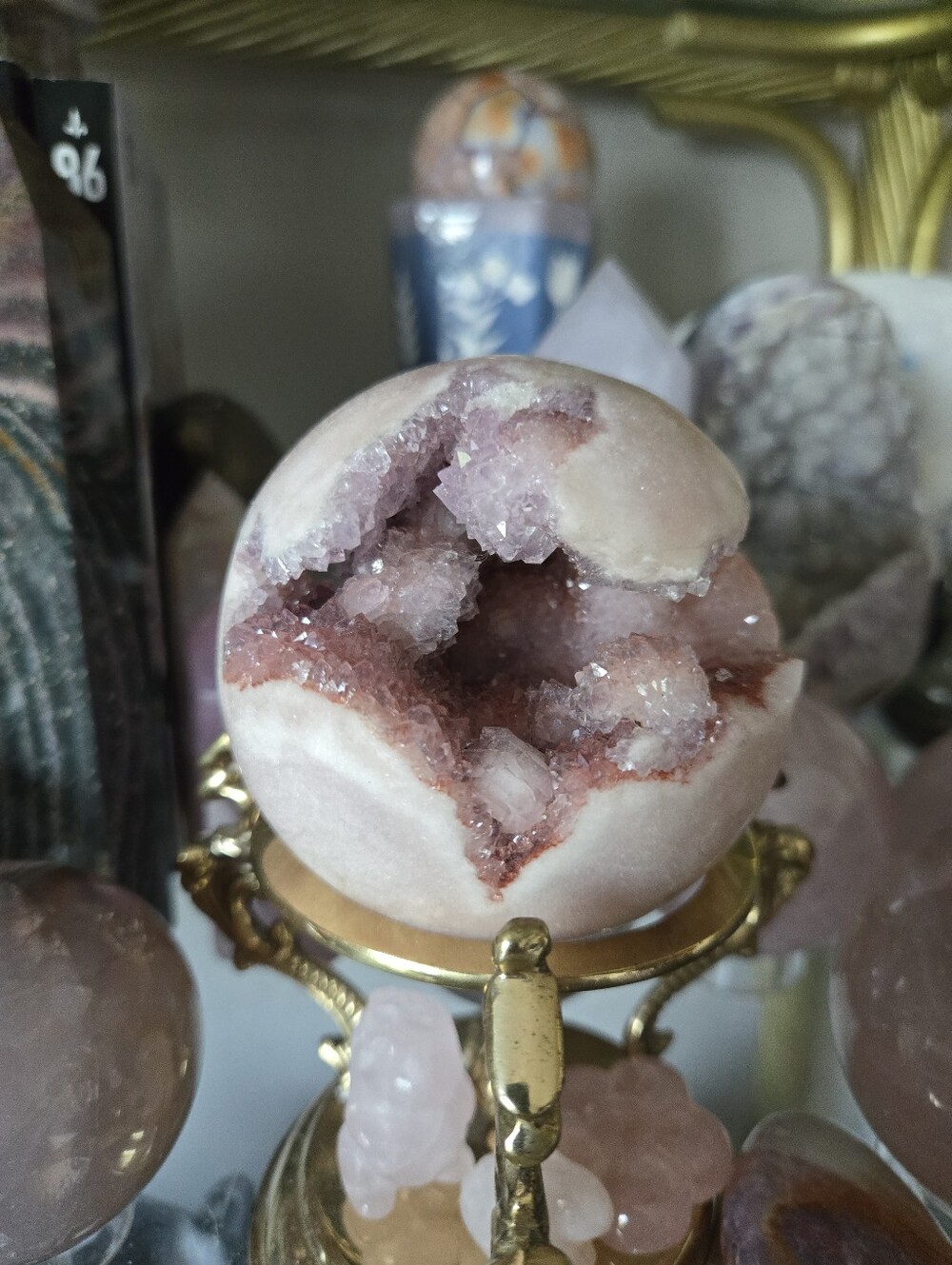 Pink Amethyst Sphere With Red, purple and pink druzy crystal home decor